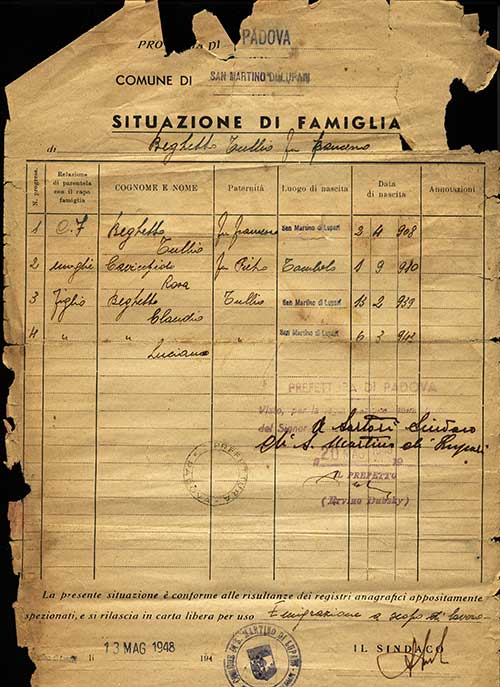 Beghetto family record from Padova, Italy, 1948. Canadian Museum of Immigration at Pier 21 (R2013.1774.16).