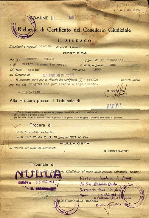 Criminal Record Certificate issued to Tulio Beghetto by the Mayor of Padova, Italy, 1948. Canadian Museum of Immigration at Pier 21 (DI2013.1774.3).