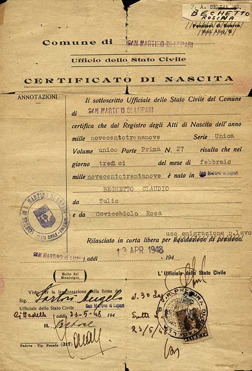 Birth Certificate issued to Claudio Beghetto, 1948. Canadian Museum of Immigration at Pier 21 (DI2013.1774.8).
