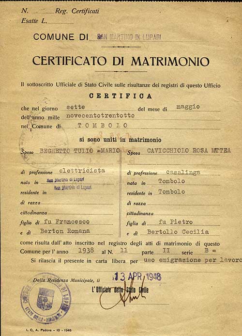 Wedding certificate issued to Tulio Beghetto and Rosa Cavicchiolo, 1948. Canadian Museum of Immigration at Pier 21 (DI2013.1774.20).