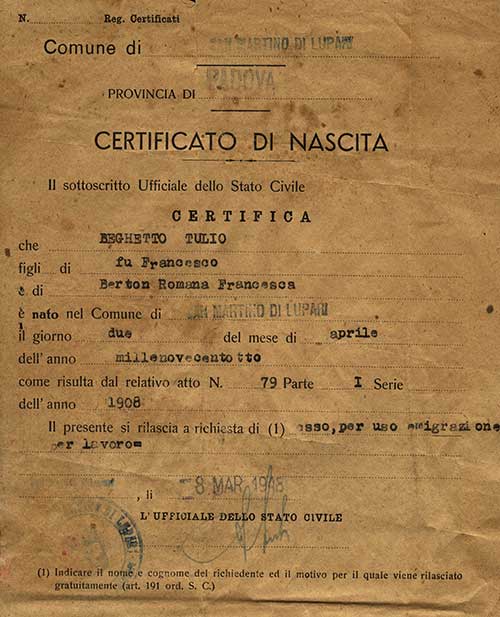Birth Certificate issued to Tulio Beghetto, 1948. Canadian Museum of Immigration at Pier 21 (DI2013.1774.23).