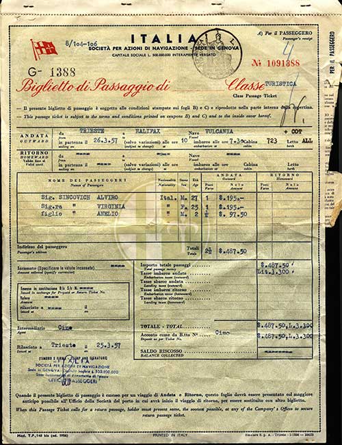 Ticket receipt issued to passengers Alviro, Virginia, and Anelio Sincovich by Italia Line, 1957. Canadian Museum of Immigration at Pier 21 (DI2013.1822.3).