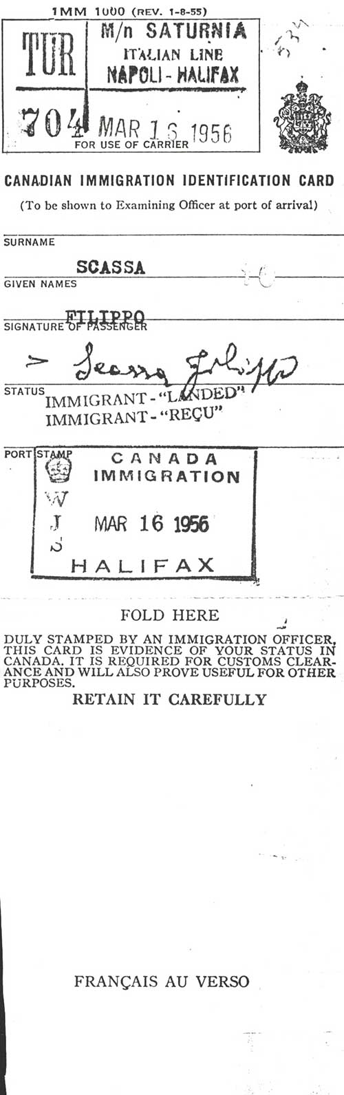 Canadian Immigration Identification Cards issued to Filippo Scassa, 1956. Canadian Museum of Immigration at Pier 21 (DI2013.1814.3).