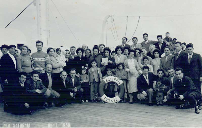 Frank Giorno and passengers on board the M.S. Saturnia, 1959. Canadian Museum of Immigration at Pier 21 (DI2013.1899.1).