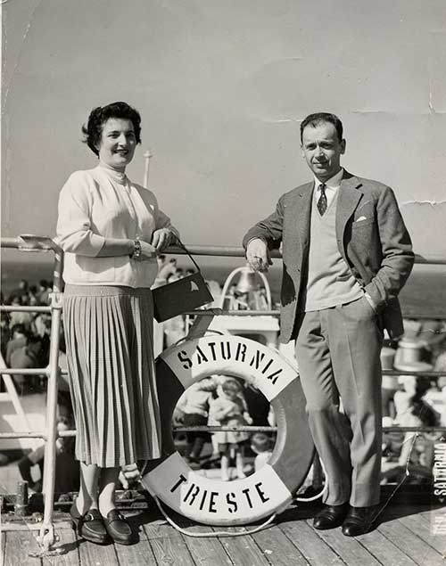 Mr. and Mrs. Signoroni on board the M.S. Saturnia, 1957. Canadian Museum of Immigration at Pier 21 (DI2013.1817.1a).