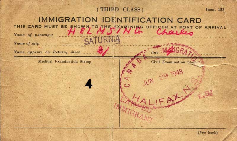 Canadian Immigration Identification Card issued to Charles Hemsing, 1948. Canadian Museum of Immigration at Pier 21 (DI2013.1811.1).