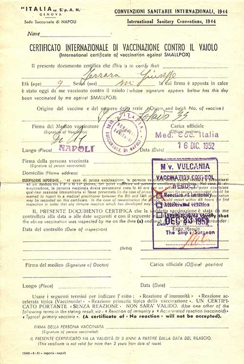 Vaccination Certificate issued to Giuseppe Ferrara, 1952. Canadian Museum of Immigration at Pier 21 (DI2013.1792.2).
