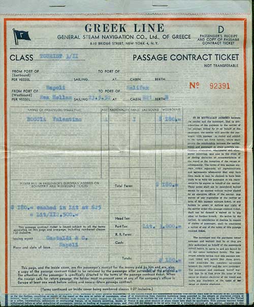 Ticket receipt issued to passenger Valentino Boccia, 1952. Canadian Museum of Immigration at Pier 21 (DI2013.1803.4b).