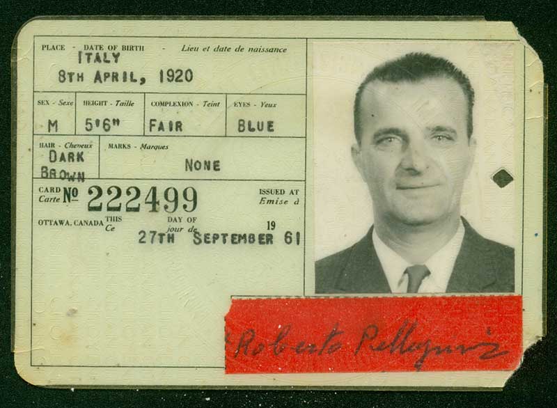 Canadian Identification Card issued to Roberto Pellegrini, 1961. Canadian Museum of Immigration at Pier 21 (DI2013.11907.3).