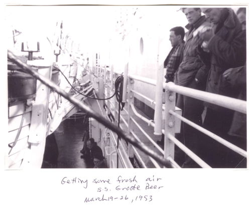 Albert de Vos & family on board the S.S. Groote Beer, 4 March 1953. Canadian Museum of Immigration at Pier 21 (DI2013.1541.4).