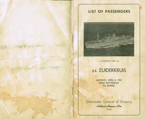 Passenger List from the S.S. Zuiderkruis, 1957. Canadian Museum of Immigration at Pier 21 (DI2013.1543.1a).