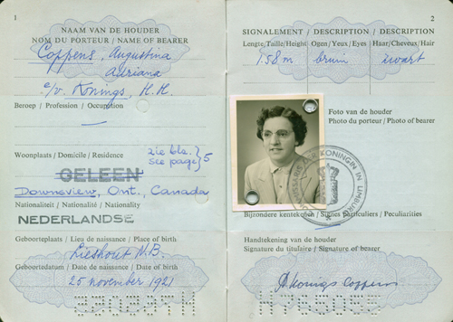 Passport issued to Augustina Adriana Koning. Canadian Museum of Immigration at Pier 21 (DI2013.1683.6g).