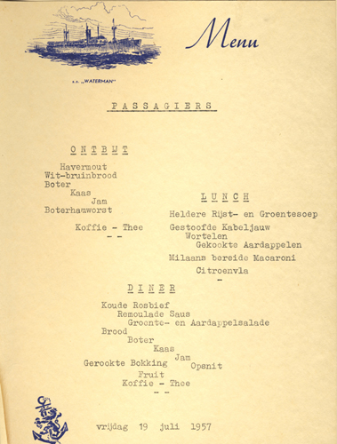 Menu from the S.S. Waterman, 1957. Canadian Museum of Immigration at Pier 21 (DI2013.1558.1c).