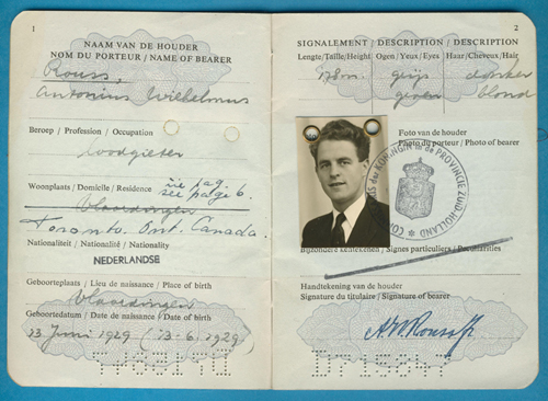 Passport issued to Antonius Rouss, 1953. Canadian Museum of Immigration at Pier 21 (DI2013.1825.3b).