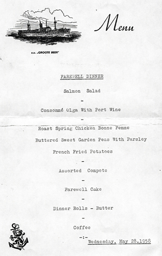 Menu from the S.S. Groote Beer, 1958. Canadian Museum of Immigration at Pier 21 (DI2013.1041.2).