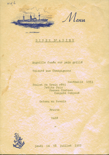 Dinner Menu from the S.S. Waterman, 1957. Canadian Museum of Immigration at Pier 21 (DI2013.1574.2).