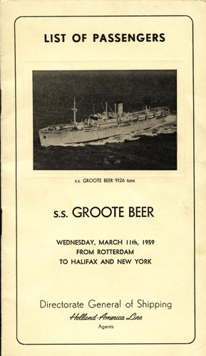 Passenger List from the  S.S. Groote Beer, 1959. Canadian Museum of Immigration at Pier 21 (DI2013.1836.1).