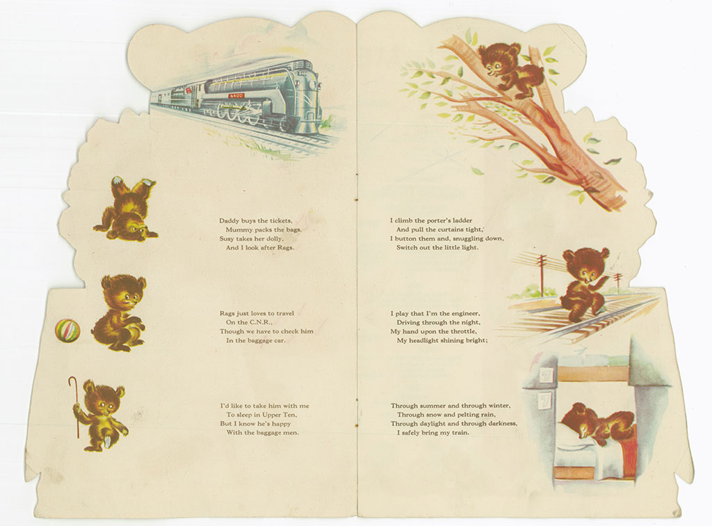 Open page of an insert in an old-fashioned menu, there is a story and lovely illustrations of a young bear doing various activities.