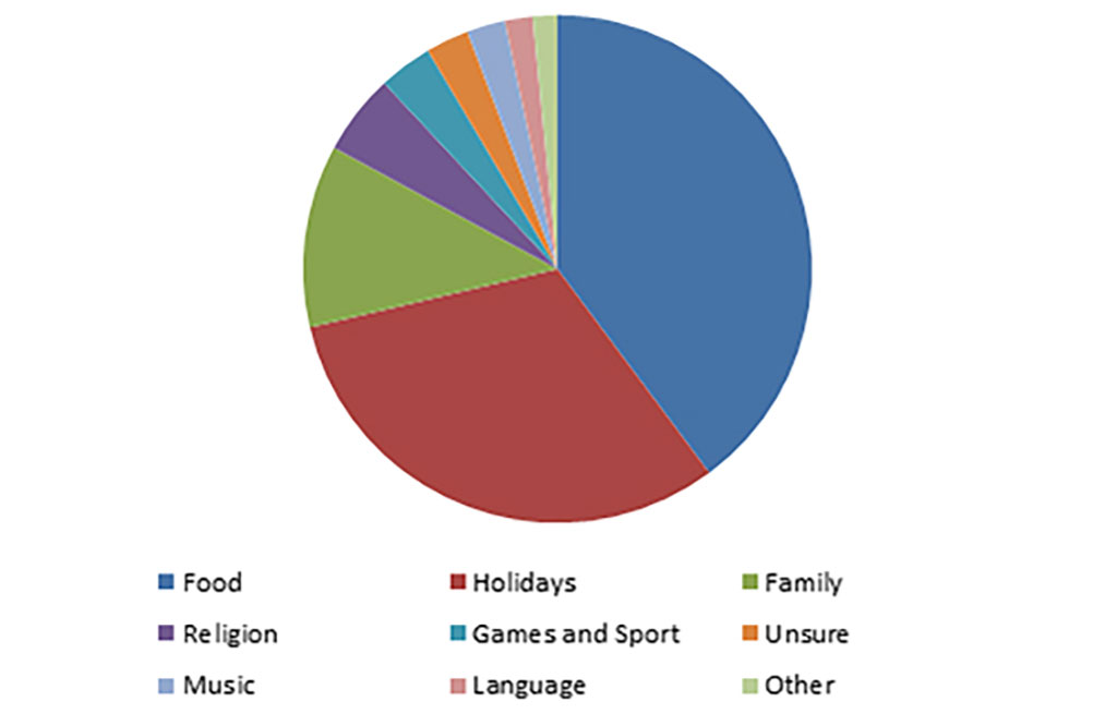 A colored graph showing the percentage of customs and traditions in different categories like food, family etc.