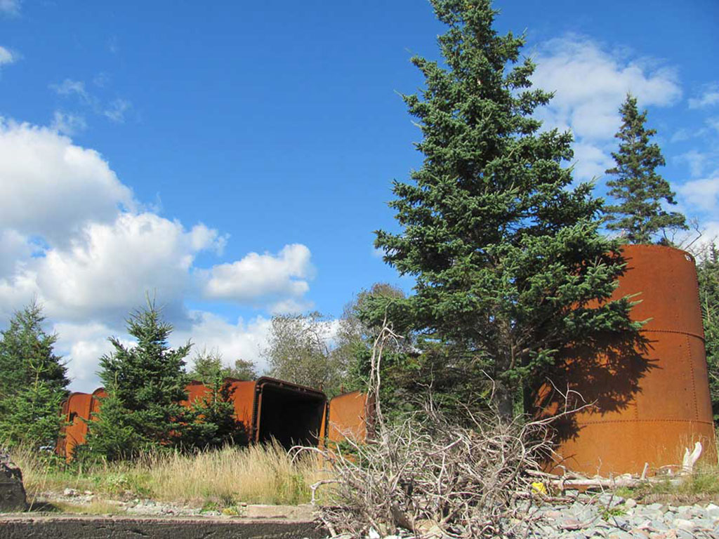 Old rusted structures sit abandoned among the trees.