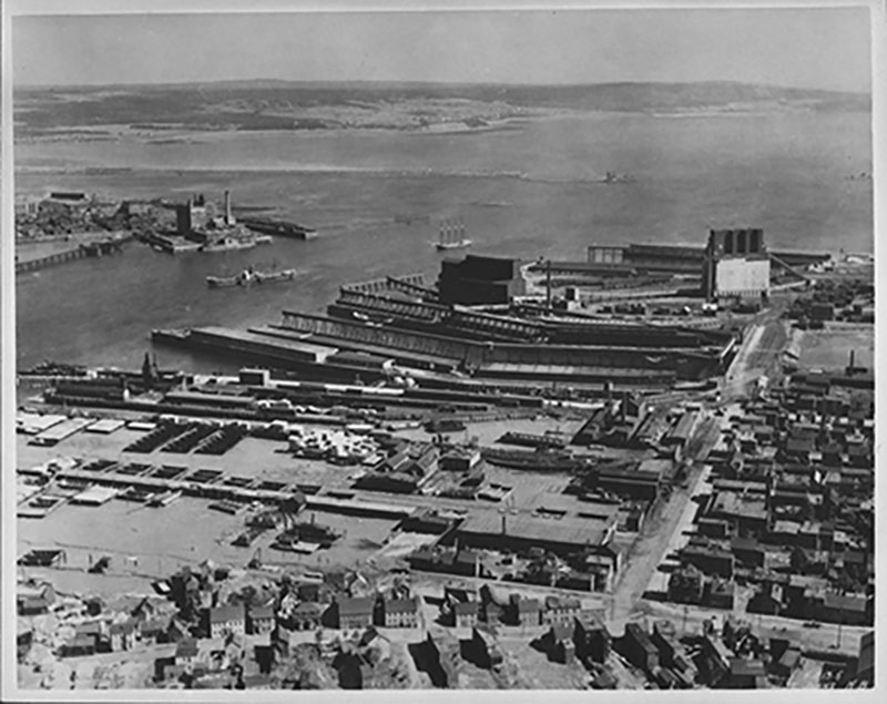 Archival aerial image of Saint John harbour.