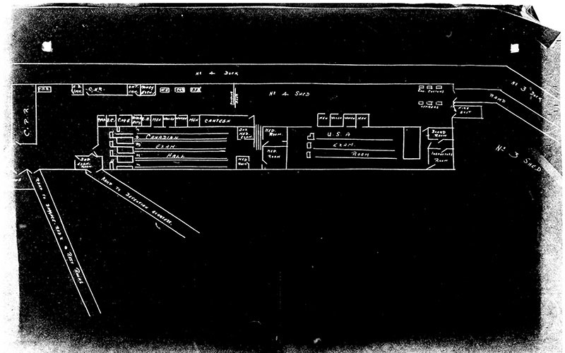 A sketch on microfilm shows the dimensions of an immigration shed.