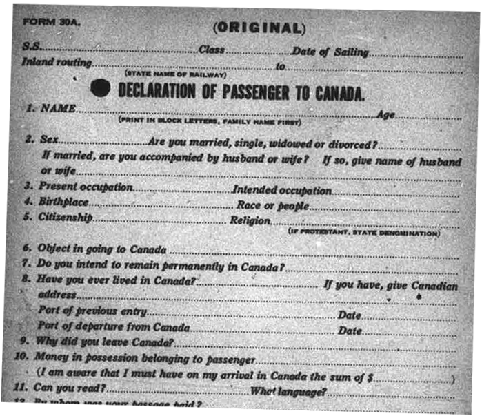 Declaration of Passenger to Canada form, questions include name, age, occupation, can you read, and what language.