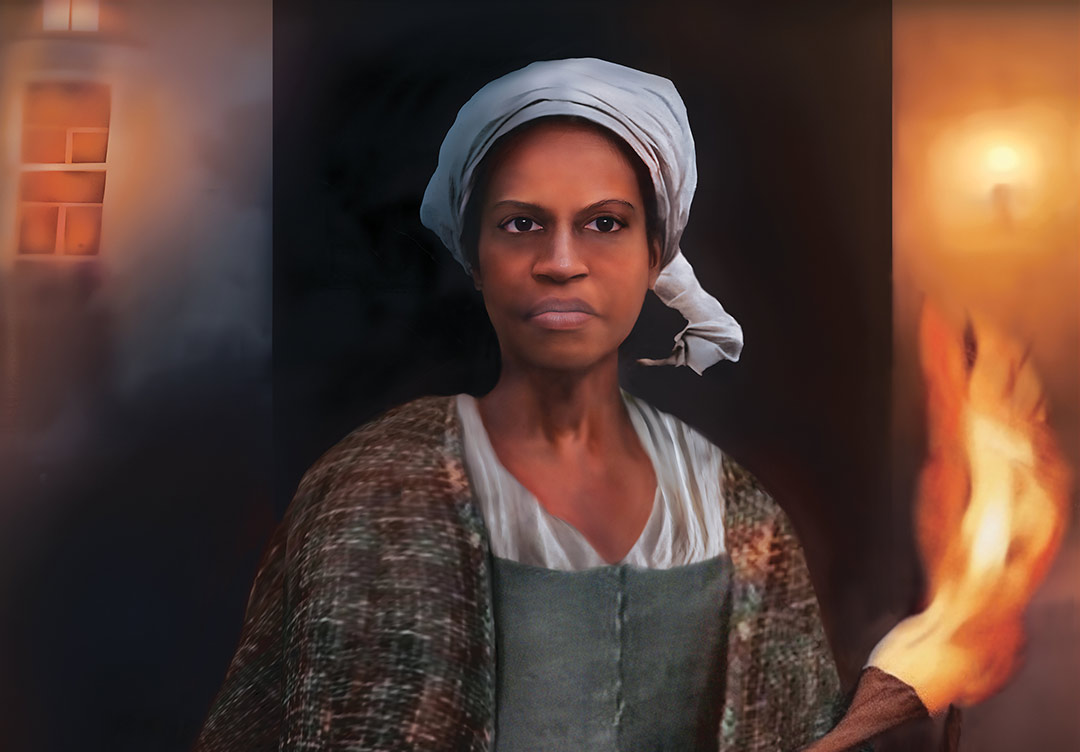 A painting of a Black woman dressed in long skirts and a shawl, carrying a torch at nighttime.