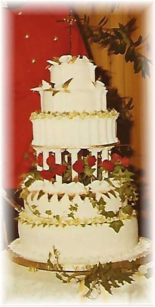 A beautiful multi-tiered wedding cake.